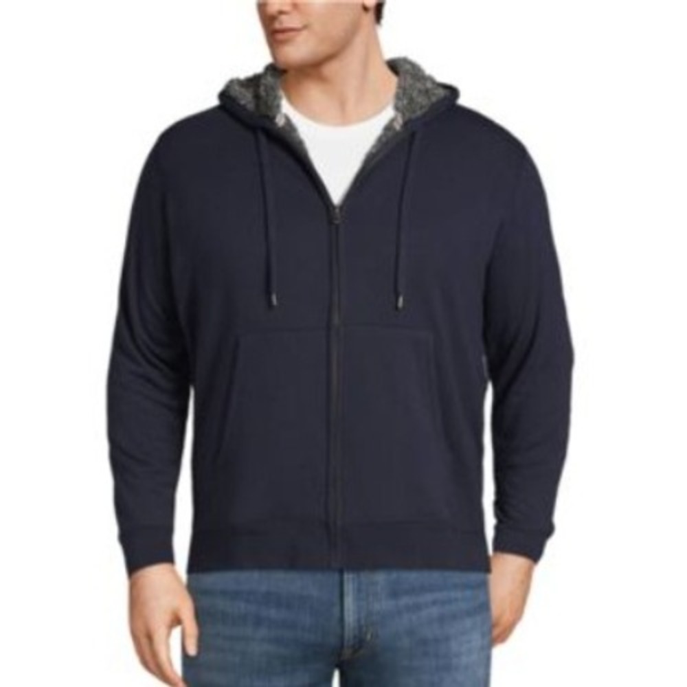 Lands End Serious Sweats Mens Large Navy Blue Sherpa Lined Full Zip Hoodie Sz L